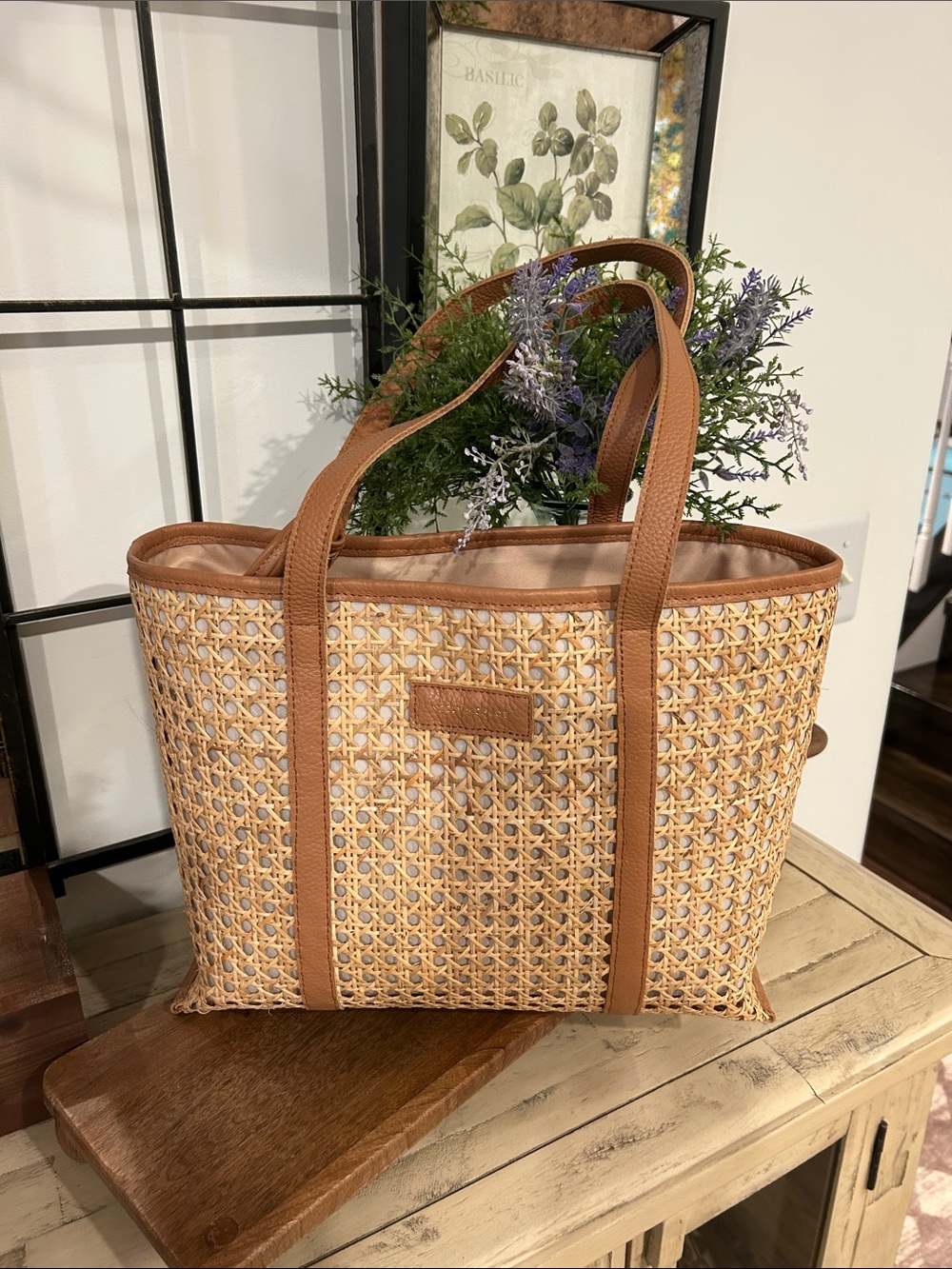 Woven Rattan Tote with Brown Trim - Picture 7 of 7